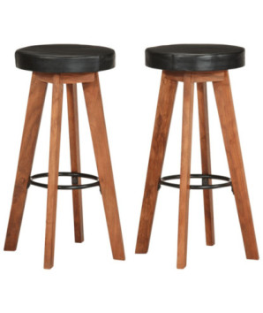 Scaune de bar, 2 buc., piele naturală și lemn masiv de acacia, cu aspect retro - WOODBB1496