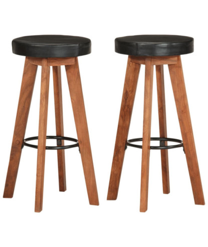 Scaune de bar, 2 buc., piele naturală și lemn masiv de acacia, cu aspect retro - WOODBB1496