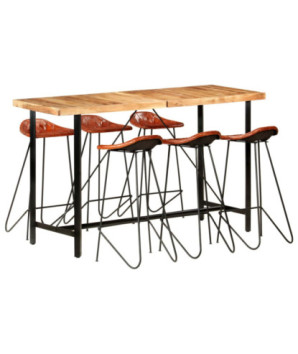 Set mobilier de bar 7 piese lemn masiv acacia & piele naturală, cu aspect industrial - WOODBB1503