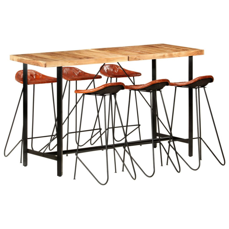 Set mobilier de bar 7 piese lemn masiv acacia & piele naturală, cu aspect industrial - WOODBB1503