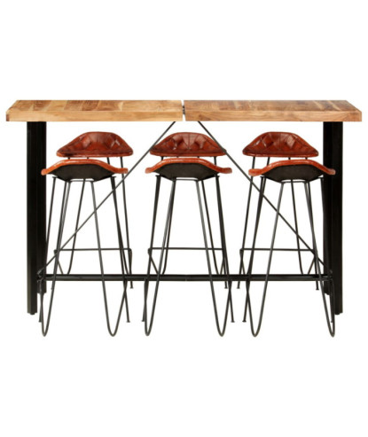 Set mobilier de bar 7 piese lemn masiv acacia & piele naturală, cu aspect industrial - WOODBB1503