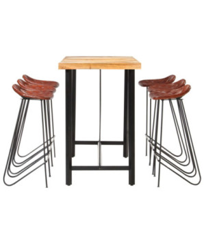 Set mobilier de bar 7 piese lemn masiv acacia & piele naturală, cu aspect industrial - WOODBB1503