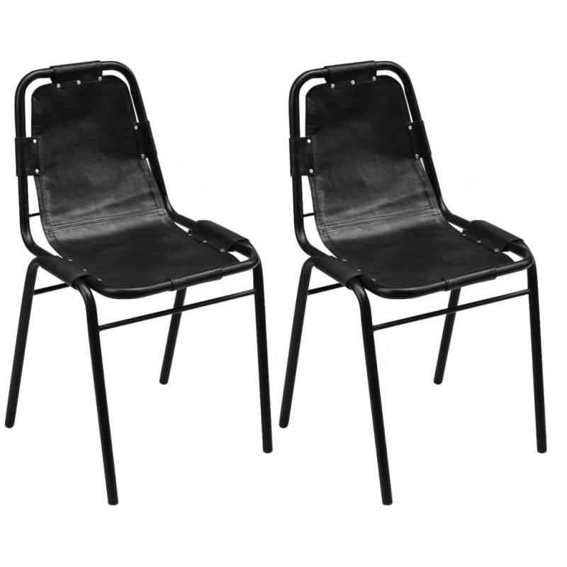 Scaune de bucătărie, 2 buc., negru, piele naturală, cu aspect industrial - WOODBB1523