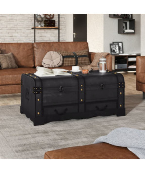 Cufăr vintage mare, negru, lemn, cu aspect retro - WOODBB1556