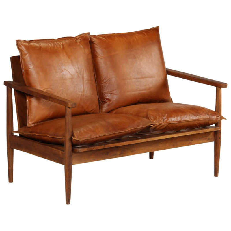 Canapea cu 2 locuri, piele naturală cu lemn de acacia, maro, cu aspect retro - WOODBB1565 Canapea cu 2 locuri, piele naturală cu lemn de acacia, maro, cu aspect retro - WOODBB1565