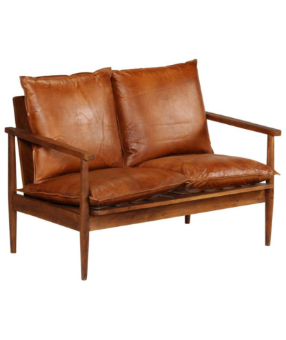 Canapea cu 2 locuri, piele naturală cu lemn de acacia, maro, cu aspect retro - WOODBB1565