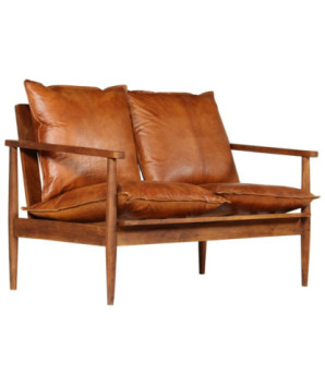 Canapea cu 2 locuri, piele naturală cu lemn de acacia, maro, cu aspect retro - WOODBB1565