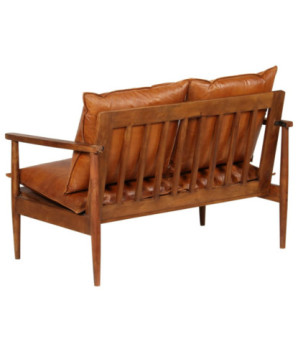 Canapea cu 2 locuri, piele naturală cu lemn de acacia, maro, cu aspect retro - WOODBB1565