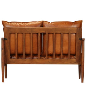 Canapea cu 2 locuri, piele naturală cu lemn de acacia, maro, cu aspect retro - WOODBB1565