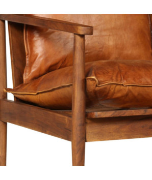 Canapea cu 2 locuri, piele naturală cu lemn de acacia, maro, cu aspect retro - WOODBB1565