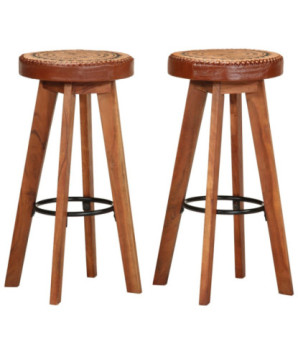 Scaune de bar, 2 buc., piele naturală și lemn masiv de acacia, cu aspect retro - WOODBB1586