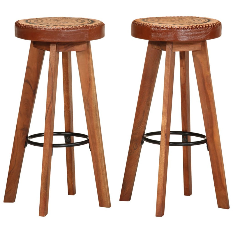 Scaune de bar, 2 buc., piele naturală și lemn masiv de acacia, cu aspect retro - WOODBB1586