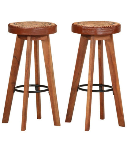 Scaune de bar, 2 buc., piele naturală și lemn masiv de acacia, cu aspect retro - WOODBB1586