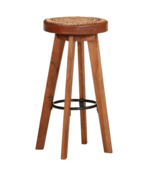Scaune de bar, 2 buc., piele naturală și lemn masiv de acacia, cu aspect retro - WOODBB1586