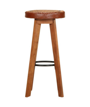 Scaune de bar, 2 buc., piele naturală și lemn masiv de acacia, cu aspect retro - WOODBB1586