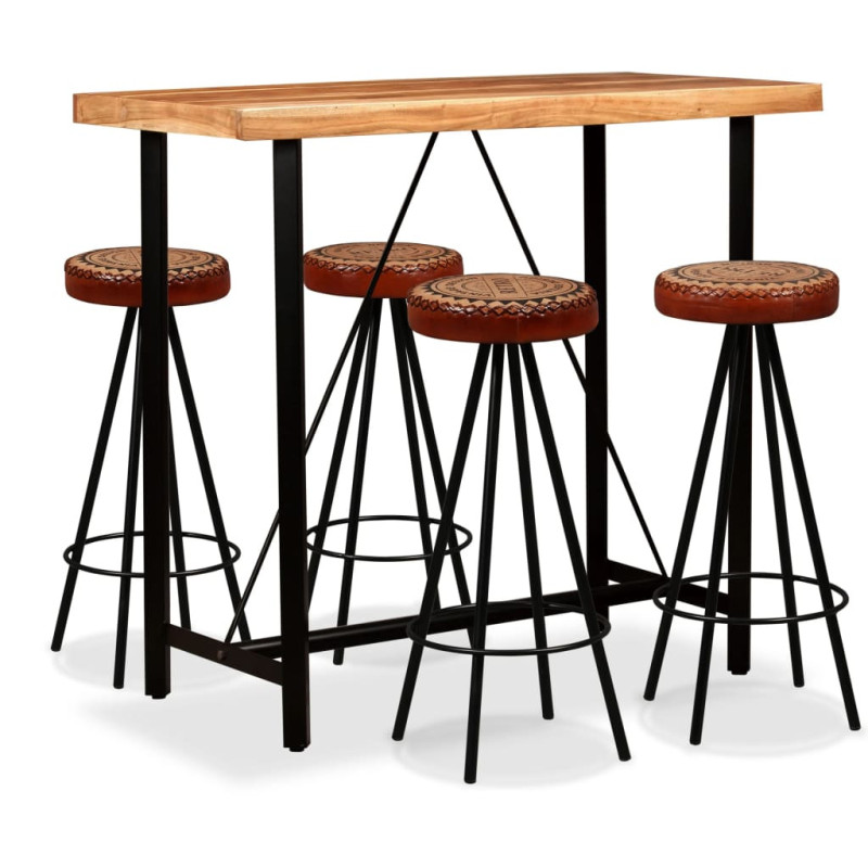 Masă bar din lemn cu 4 scaune din piele naturală & pânză, cu aspect industrial Masă bar din lemn cu 4 scaune din piele naturală & pânză, cu aspect industrial