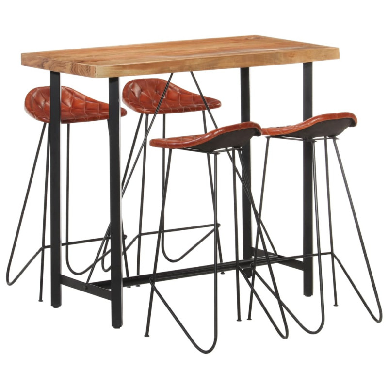 Set de bar, 5 piese, lemn masiv și piele naturală, cu aspect industrial - WOODBB1590