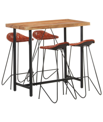 Set de bar, 5 piese, lemn masiv și piele naturală, cu aspect industrial - WOODBB1590