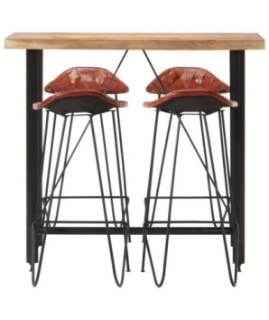 Set de bar, 5 piese, lemn masiv și piele naturală, cu aspect industrial - WOODBB1590
