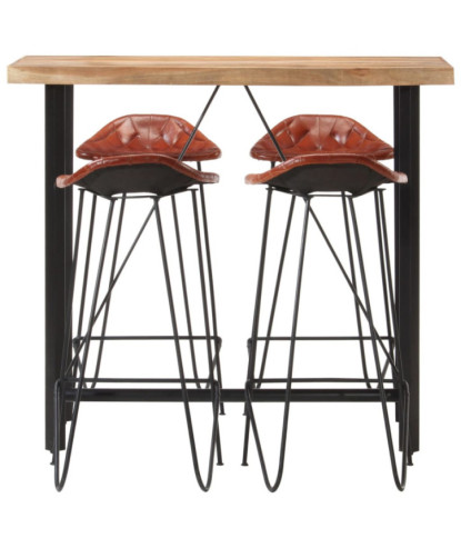 Set de bar, 5 piese, lemn masiv și piele naturală, cu aspect industrial - WOODBB1590