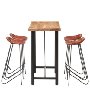 Set de bar, 5 piese, lemn masiv și piele naturală, cu aspect industrial - WOODBB1590