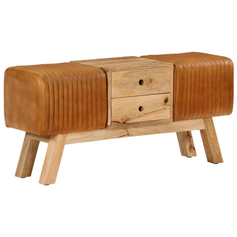 Bancă Bok maro, 107 cm, piele naturală capră / lemn masiv mango, cu aspect vintage - WOODBB1593