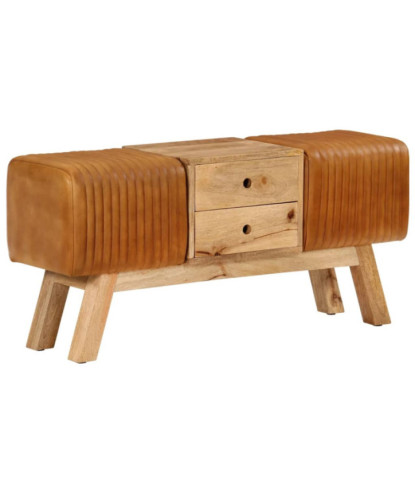 Bancă Bok maro, 107 cm, piele naturală capră / lemn masiv mango, cu aspect vintage - WOODBB1593