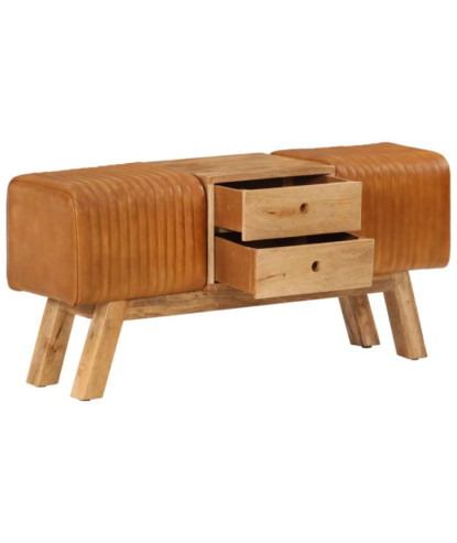 Bancă Bok maro, 107 cm, piele naturală capră / lemn masiv mango, cu aspect vintage - WOODBB1593