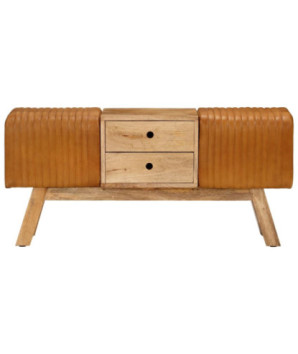 Bancă Bok maro, 107 cm, piele naturală capră / lemn masiv mango, cu aspect vintage - WOODBB1593