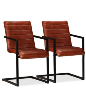 Scaune de bucătărie, 2 buc., maro, piele naturală, cu aspect retro - WOODBB1597