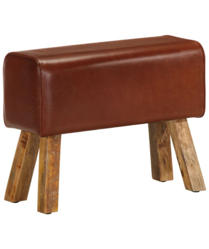 Bancă Bok gimnastică maro 58cm piele naturală/lemn masiv mango, cu aspect vintage - WOODBB1606