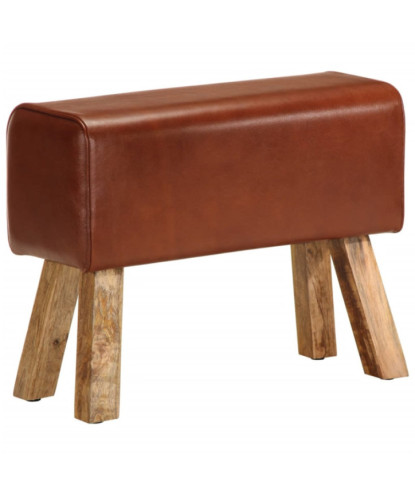 Bancă Bok gimnastică maro 58cm piele naturală/lemn masiv mango, cu aspect vintage - WOODBB1606