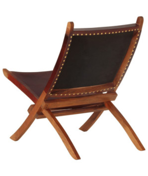 Scaun relaxant pliant, maro închis, piele naturală - WOODBB1619
