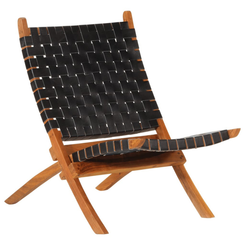 Scaun relaxant pliant, negru, piele naturală - WOODBB1620 Scaun relaxant pliant, negru, piele naturală - WOODBB1620