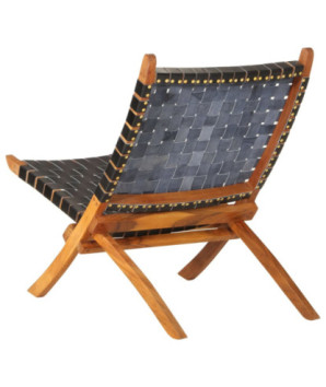 Scaun relaxant pliant, negru, piele naturală - WOODBB1620