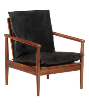 Fotoliu, negru, piele naturală & lemn masiv acacia, cu aspect retro - WOODBB1632
