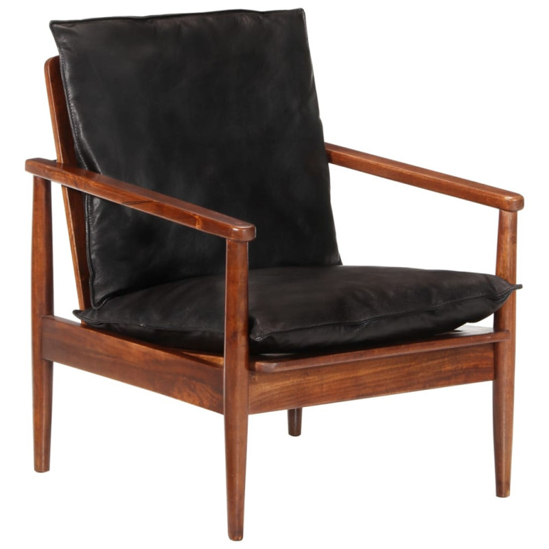 Fotoliu, negru, piele naturală & lemn masiv acacia, cu aspect retro - WOODBB1632 Fotoliu, negru, piele naturală & lemn masiv acacia, cu aspect retro - WOODBB1632