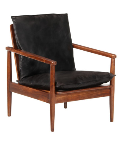 Fotoliu, negru, piele naturală & lemn masiv acacia, cu aspect retro - WOODBB1632
