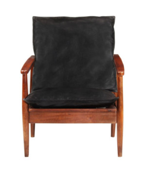 Fotoliu, negru, piele naturală & lemn masiv acacia, cu aspect retro - WOODBB1632