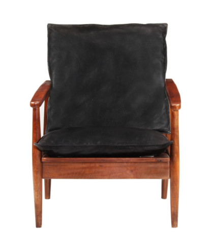 Fotoliu, negru, piele naturală & lemn masiv acacia, cu aspect retro - WOODBB1632