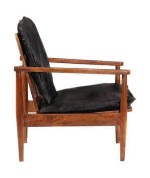 Fotoliu, negru, piele naturală & lemn masiv acacia, cu aspect retro - WOODBB1632