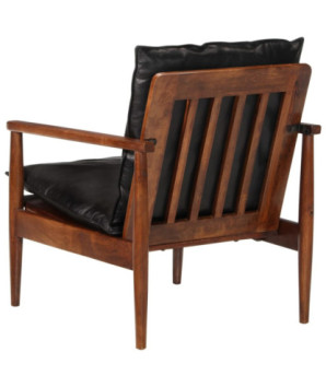 Fotoliu, negru, piele naturală & lemn masiv acacia, cu aspect retro - WOODBB1632