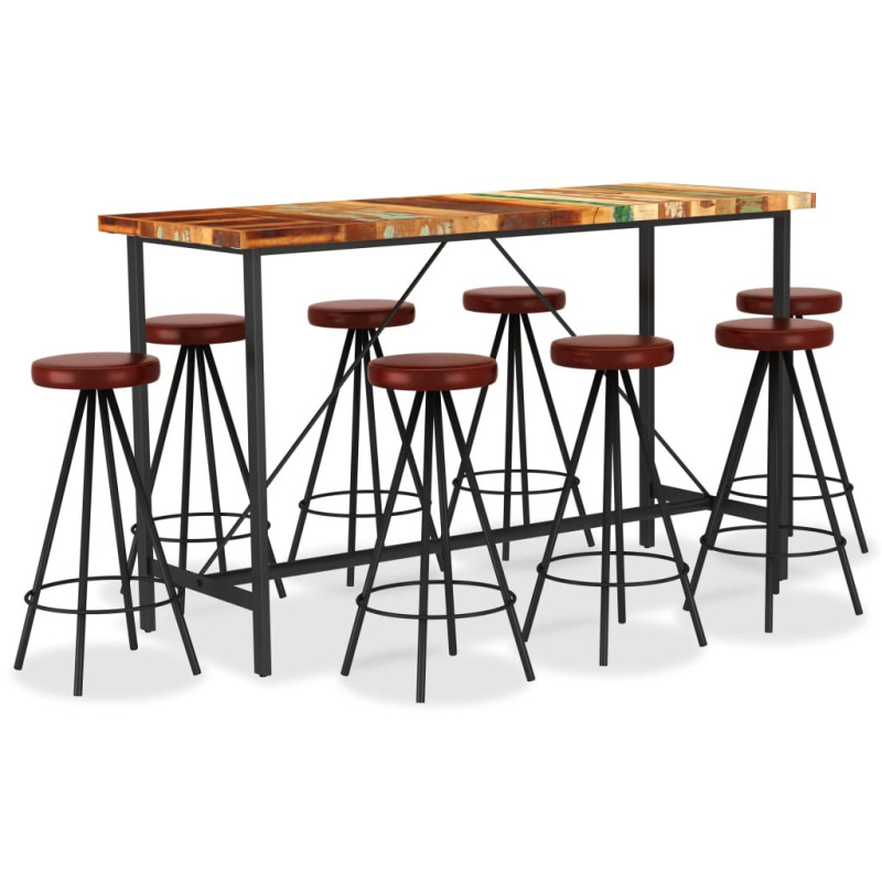 Masă bar cu 8 scaune fără spătar, aspect industrial, din lemn masiv reciclat, dreptunghiulară, 180 x 70 x 107 cm, handmade Masă bar cu 8 scaune fără spătar, aspect industrial, din lemn masiv reciclat, dreptunghiulară, 180 x 70 x 107 cm, handmade