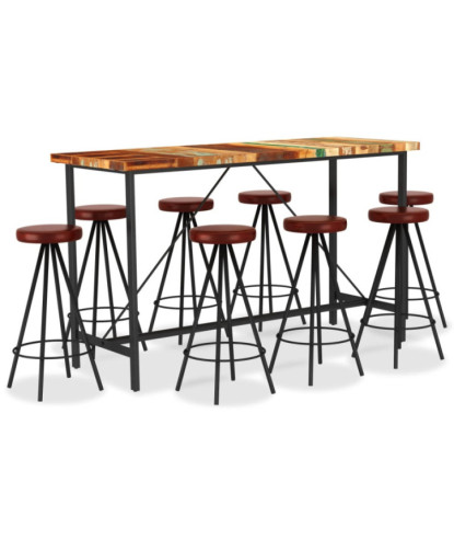 Masă bar cu 8 scaune fără spătar, aspect industrial, din lemn masiv reciclat, dreptunghiulară, 180 x 70 x 107 cm, handmade