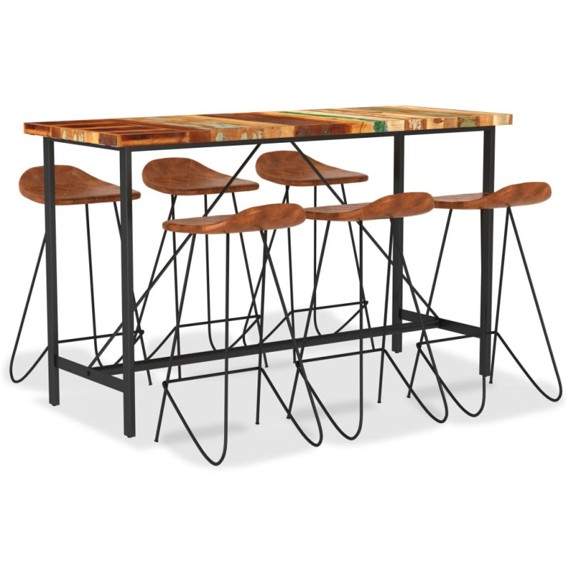 Set mobilier bar 7 piese, lemn reciclat & piele naturală, cu aspect industrial - WOODBB1705 Set mobilier bar 7 piese, lemn reciclat & piele naturală, cu aspect industrial - WOODBB1705