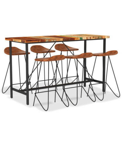 Set mobilier bar 7 piese, lemn reciclat & piele naturală, cu aspect industrial - WOODBB1705