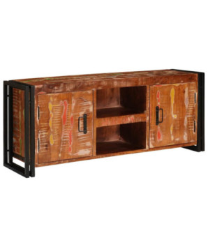 Comodă TV cu picioare, aspect rustic, din lemn masiv reciclat, 120 x 30 x 50 cm