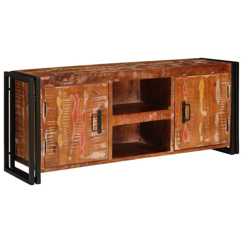Comodă TV cu picioare, aspect rustic, din lemn masiv reciclat, 120 x 30 x 50 cm