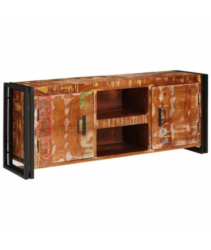 Comodă TV cu picioare, aspect rustic, din lemn masiv reciclat, 120 x 30 x 50 cm