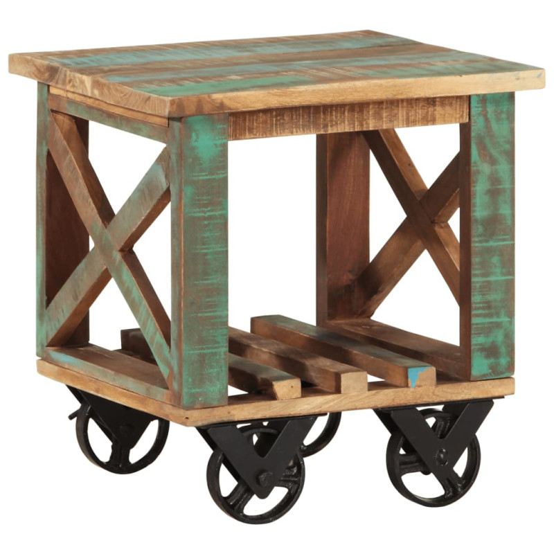 Masă laterală cu roți, 40x40x42 cm, lemn reciclat, cu aspect rustic - WOODBB237 Masă laterală cu roți, 40x40x42 cm, lemn reciclat, cu aspect rustic - WOODBB237